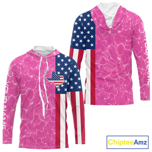 Texas Fishing Shirt Pink American Flag Men's Long Sleeve Hooded Fishing Apparel NHT1152