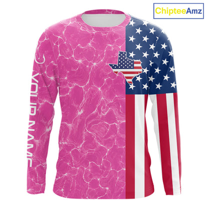 Texas Fishing Shirt Pink American Flag Men's Long Sleeve Fishing Apparel 