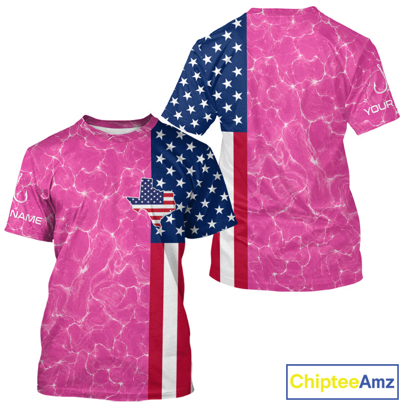 Texas Fishing T-Shirt Pink American Flag Men's Short Sleeve Fishing Apparel 