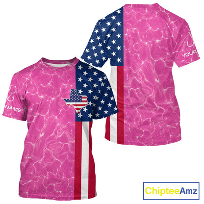 Texas Fishing T-Shirt Pink American Flag Men's Short Sleeve Fishing Apparel 