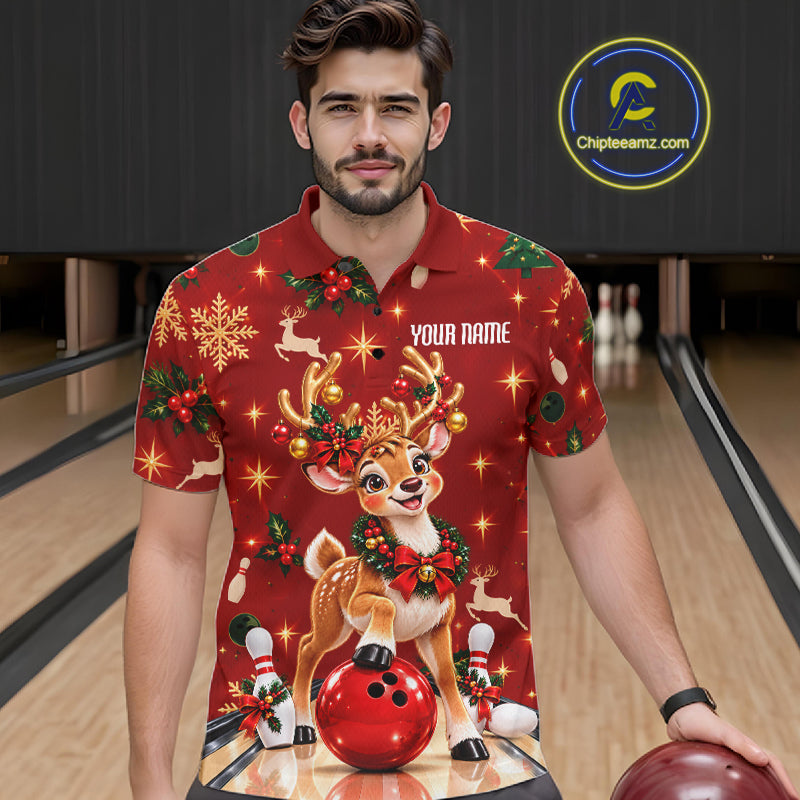 Cute Christmas Reindeer Men Bowling Shirt Personalized Red Snowflake Performance Jersey NHT1779