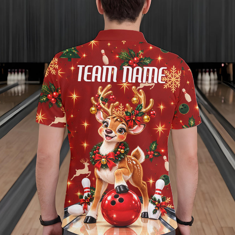 Cute Christmas Reindeer Men Bowling Shirt Personalized Red Snowflake Performance Jersey NHT1779