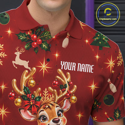 Cute Christmas Reindeer Men Bowling Shirt Personalized Red Snowflake Performance Jersey NHT1779