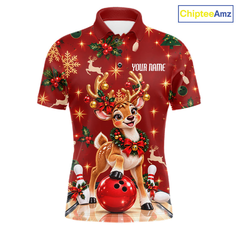 Cute Christmas Reindeer Men Bowling Shirt Personalized Red Snowflake Performance Jersey NHT1779