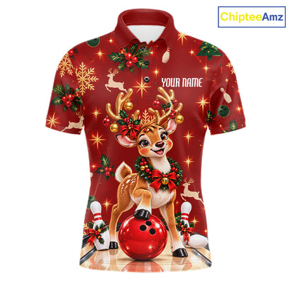 Cute Christmas Reindeer Men Bowling Shirt Personalized Red Snowflake Performance Jersey NHT1779
