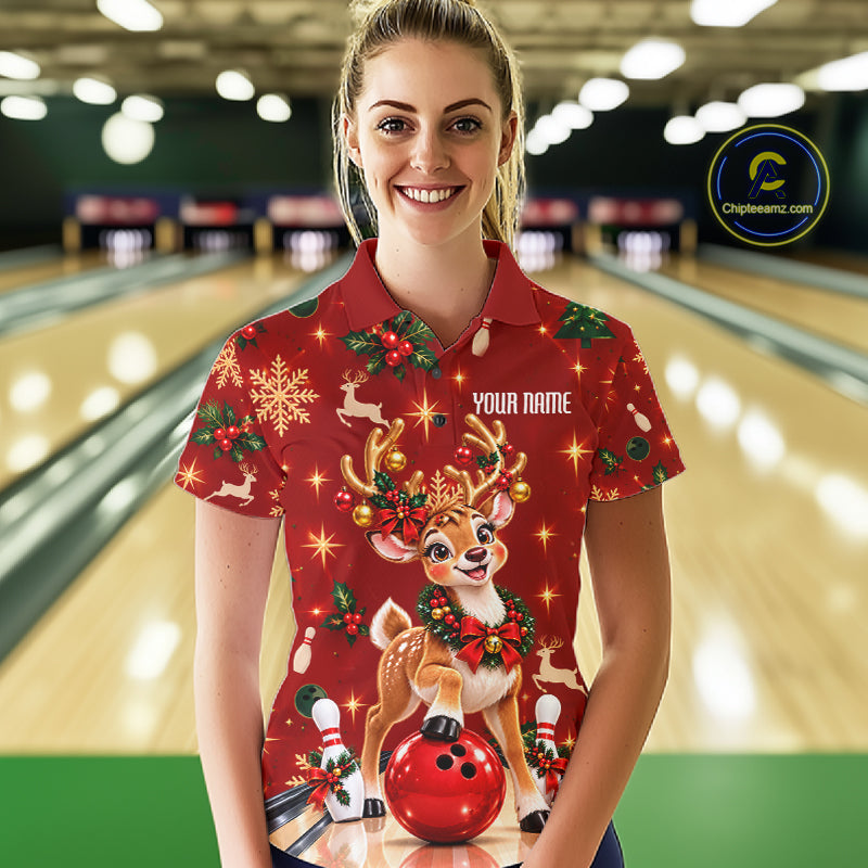 Cute Christmas Reindeer Women Bowling Shirt Personalized Red Snowflake Performance Jersey NHT1779
