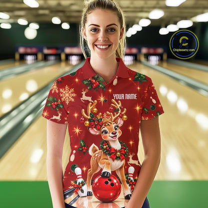 Cute Christmas Reindeer Women Bowling Shirt Personalized Red Snowflake Performance Jersey NHT1779