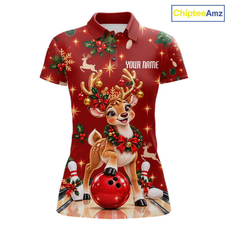 Cute Christmas Reindeer Women Bowling Shirt Personalized Red Snowflake Performance Jersey NHT1779