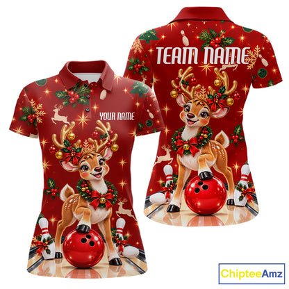 Cute Christmas Reindeer Women Bowling Shirt Personalized Red Snowflake Performance Jersey NHT1779