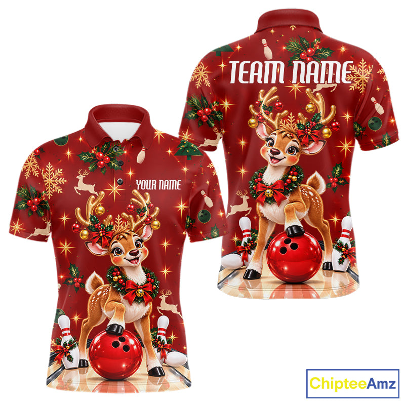 Cute Christmas Reindeer Men Bowling Shirt Personalized Red Snowflake Performance Jersey NHT1779