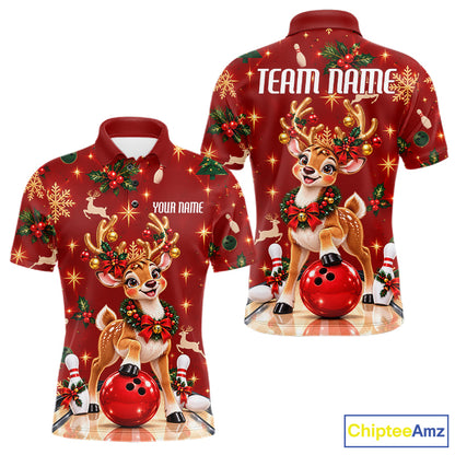 Cute Christmas Reindeer Men Bowling Shirt Personalized Red Snowflake Performance Jersey NHT1779