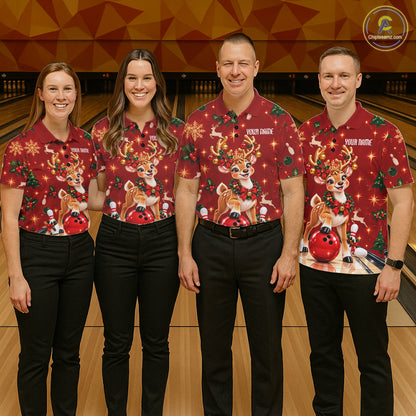 Cute Christmas Reindeer Women Bowling Shirt Personalized Red Snowflake Performance Jersey NHT1779