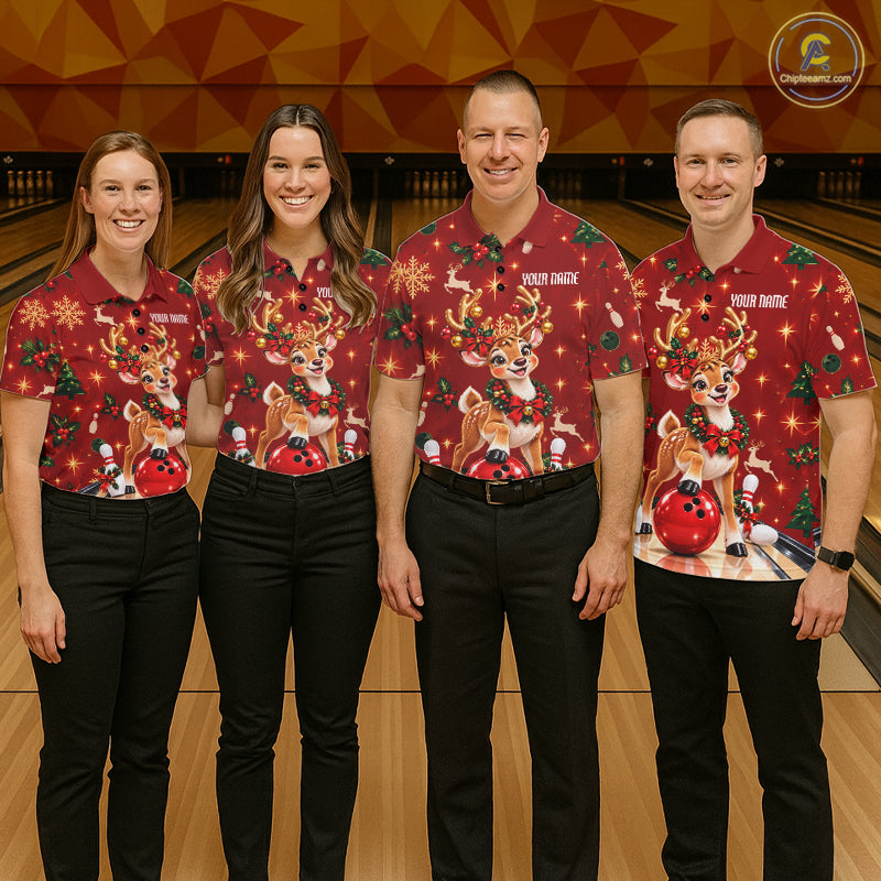 Cute Christmas Reindeer Men Bowling Shirt Personalized Red Snowflake Performance Jersey NHT1779