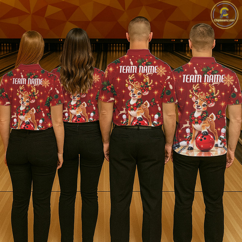 Cute Christmas Reindeer Men Bowling Shirt Personalized Red Snowflake Performance Jersey NHT1779