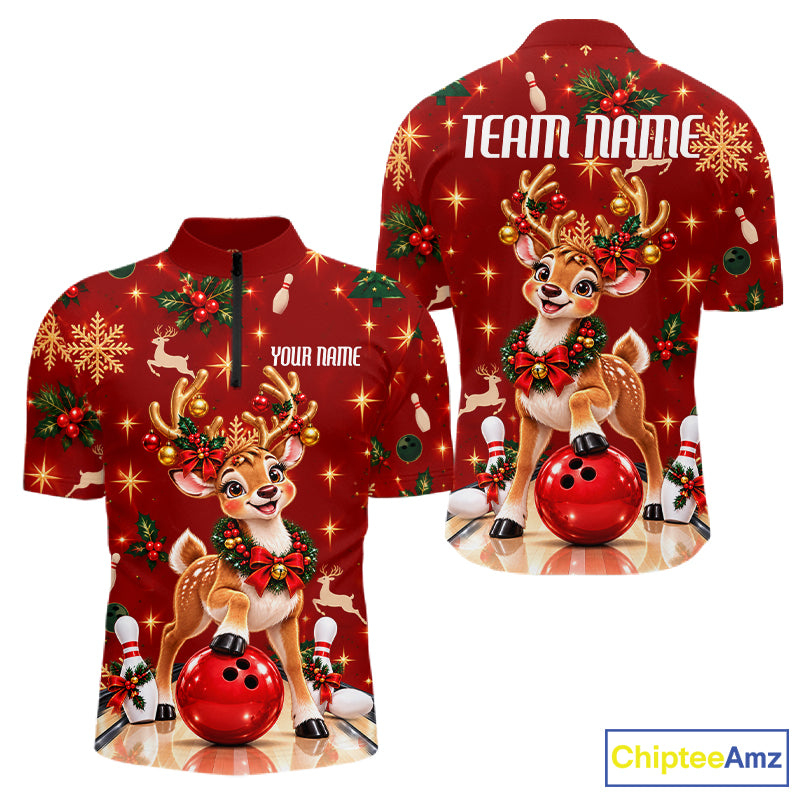 Cute Christmas Reindeer Men Bowling Shirt Personalized Red Snowflake Performance Jersey NHT1779