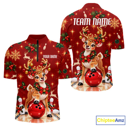 Cute Christmas Reindeer Men Bowling Shirt Personalized Red Snowflake Performance Jersey NHT1779