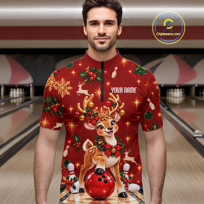 Cute Christmas Reindeer Men Bowling Shirt Personalized Red Snowflake Performance Jersey NHT1779