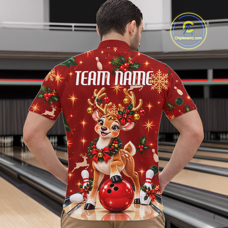 Cute Christmas Reindeer Men Bowling Shirt Personalized Red Snowflake Performance Jersey NHT1779