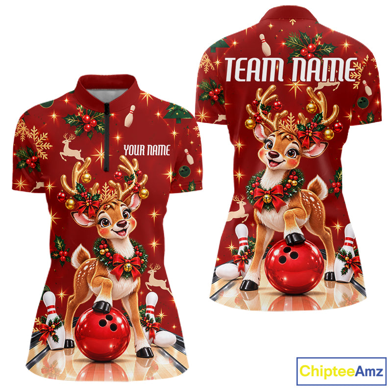 Cute Christmas Reindeer Women Bowling Shirt Personalized Red Snowflake Performance Jersey NHT1779