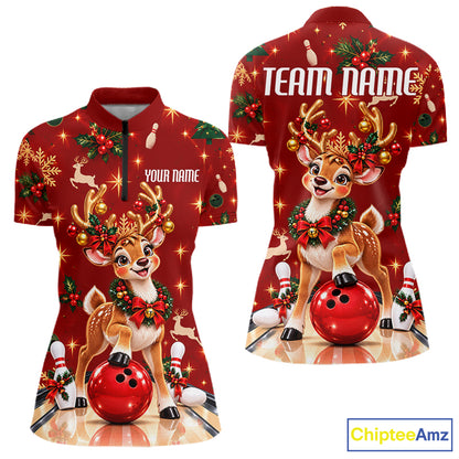 Cute Christmas Reindeer Women Bowling Shirt Personalized Red Snowflake Performance Jersey NHT1779