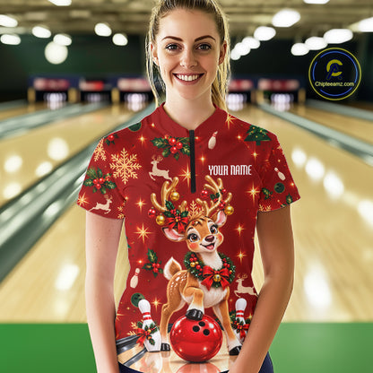 Cute Christmas Reindeer Women Bowling Shirt Personalized Red Snowflake Performance Jersey NHT1779