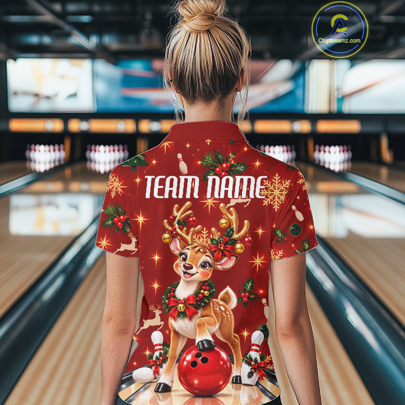 Cute Christmas Reindeer Women Bowling Shirt Personalized Red Snowflake Performance Jersey NHT1779