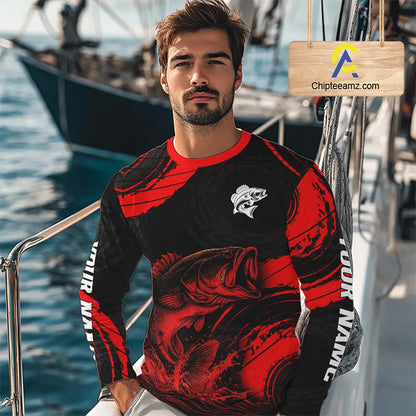 Personalized Bass Fishing Jerseys, Bass Fishing Long Sleeve Shirt| Red NHT382