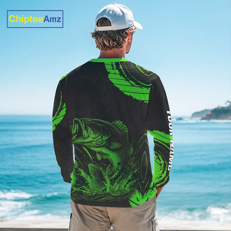 Personalized Bass Fishing Jerseys, Bass Fishing Scale Long Sleeve Shirt| Green NHT386