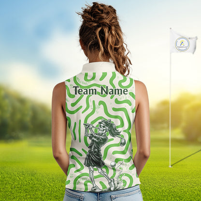 Personalized Funny Skeleton Sleeveless Golf Polo Shirt Green Abstract Pattern Custom Golf Shirt For Team Name & Name NHT618