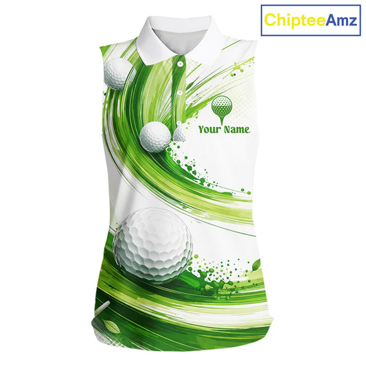 Custom Green Wave Sleeveless Golf Polo Shirt With Ball Design Personalized Team Name & Name Golf Shirt NHT623
