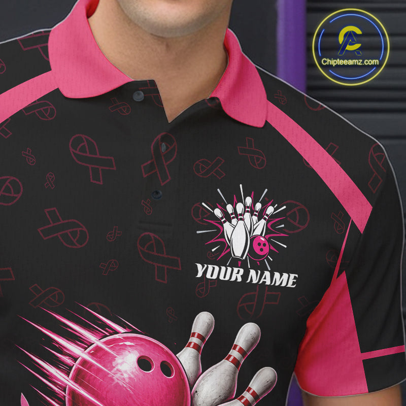 Custom Name Pink Ribbon Bowling Polo Shirt, Breast Cancer Awareness Team Sports Shirt For Men NHT1624