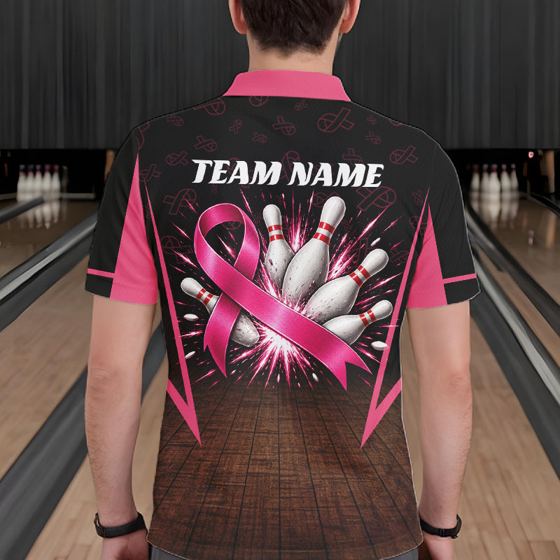 Custom Name Pink Ribbon Bowling Polo Shirt, Breast Cancer Awareness Team Sports Shirt For Men NHT1624
