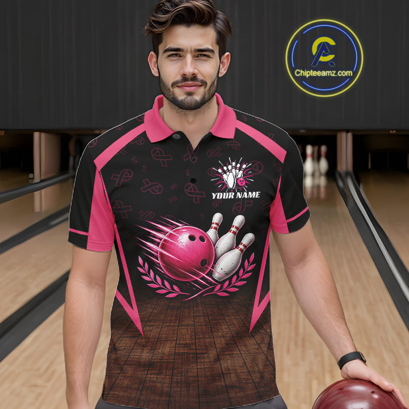 Custom Name Pink Ribbon Bowling Polo Shirt, Breast Cancer Awareness Team Sports Shirt For Men NHT1624
