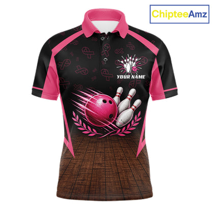 Custom Name Pink Ribbon Bowling Polo Shirt, Breast Cancer Awareness Team Sports Shirt For Men NHT1624