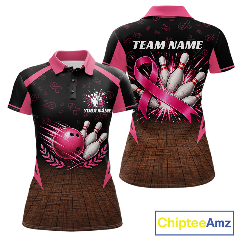 Custom Name Pink Ribbon Bowling Polo Shirt, Breast Cancer Awareness Team Sports Shirt For Women NHT1624