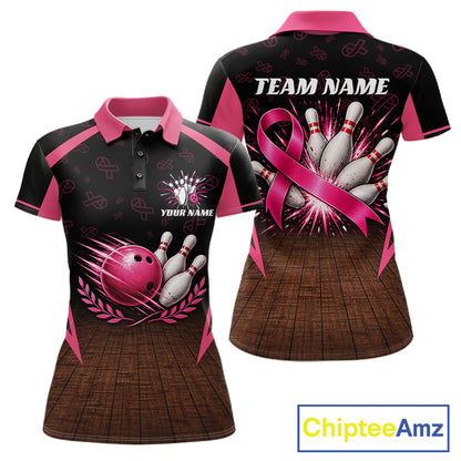 Custom Name Pink Ribbon Bowling Polo Shirt, Breast Cancer Awareness Team Sports Shirt For Women NHT1624
