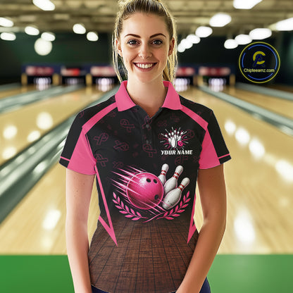 Custom Name Pink Ribbon Bowling Polo Shirt, Breast Cancer Awareness Team Sports Shirt For Women NHT1624