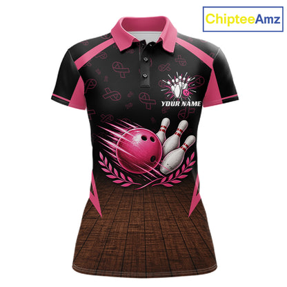 Custom Name Pink Ribbon Bowling Polo Shirt, Breast Cancer Awareness Team Sports Shirt For Women NHT1624