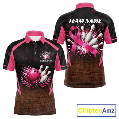 Custom Name Pink Ribbon Bowling Polo Shirt, Breast Cancer Awareness Team Sports Shirt For Men NHT1624