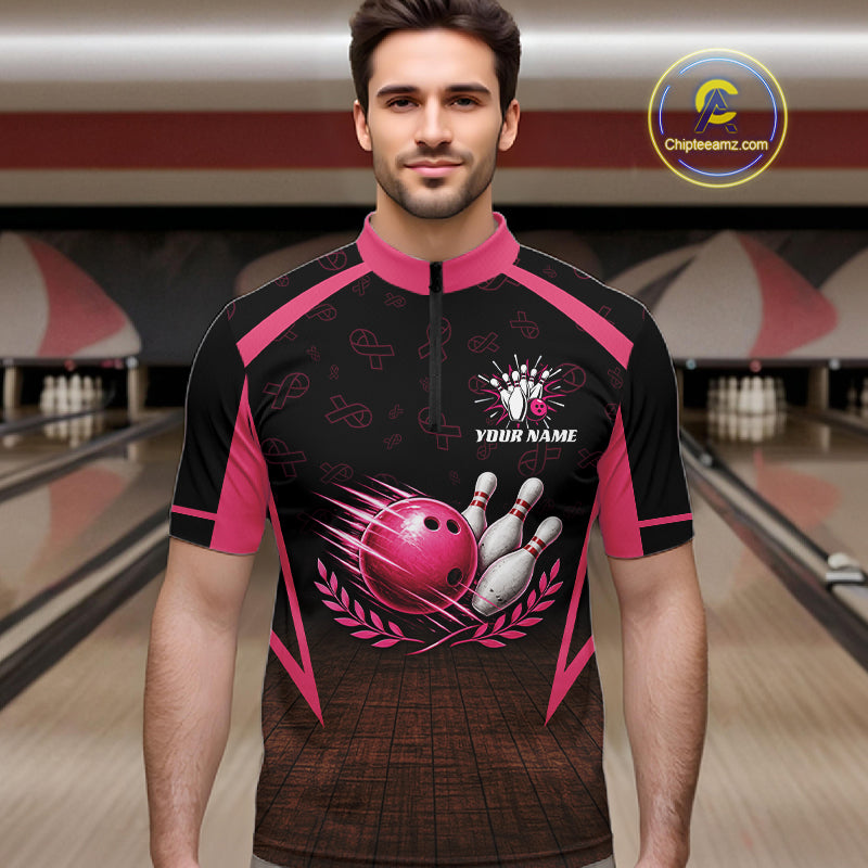 Custom Name Pink Ribbon Bowling Polo Shirt, Breast Cancer Awareness Team Sports Shirt For Men NHT1624