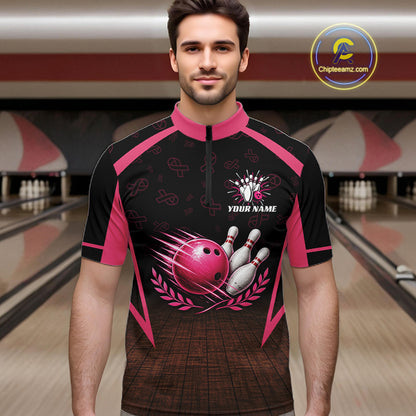 Custom Name Pink Ribbon Bowling Polo Shirt, Breast Cancer Awareness Team Sports Shirt For Men NHT1624