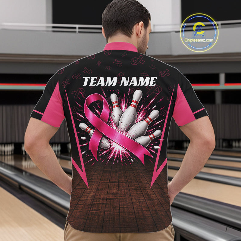 Custom Name Pink Ribbon Bowling Polo Shirt, Breast Cancer Awareness Team Sports Shirt For Men NHT1624