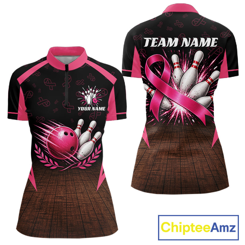 Custom Name Pink Ribbon Bowling Polo Shirt, Breast Cancer Awareness Team Sports Shirt For Women NHT1624