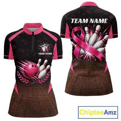 Custom Name Pink Ribbon Bowling Polo Shirt, Breast Cancer Awareness Team Sports Shirt For Women NHT1624