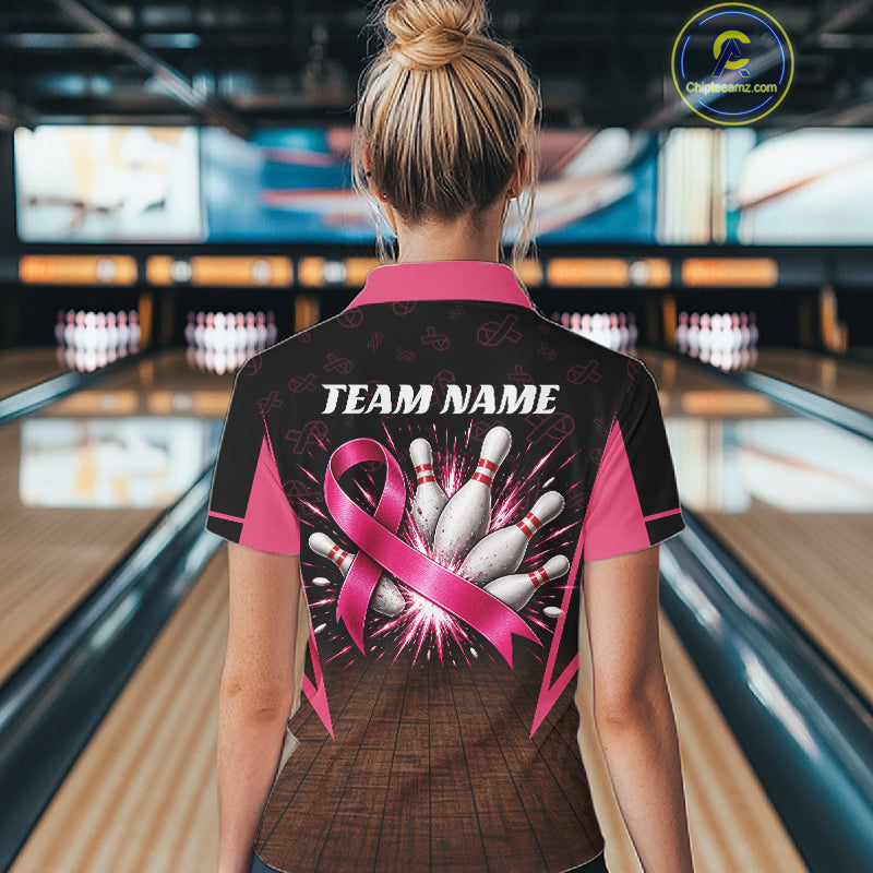 Custom Name Pink Ribbon Bowling Polo Shirt, Breast Cancer Awareness Team Sports Shirt For Women NHT1624
