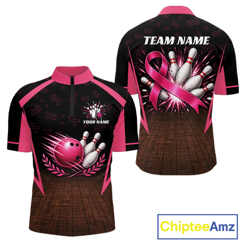 Custom Name Pink Ribbon Bowling Polo Shirt, Breast Cancer Awareness Team Sports Shirt For Men NHT1624