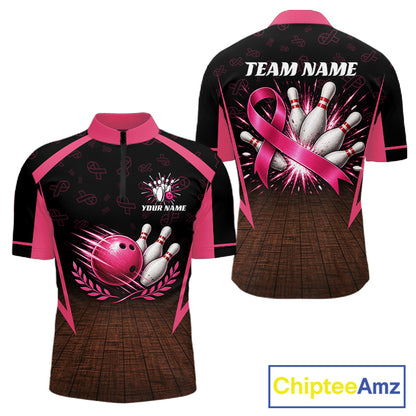 Custom Name Pink Ribbon Bowling Polo Shirt, Breast Cancer Awareness Team Sports Shirt For Men NHT1624