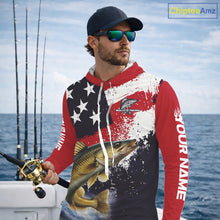 Load image into Gallery viewer, Personalized Walleye Fishing Jerseys, Custom American Flag Walleye Hooded Fishing Shirts Long Sleeve NHT488