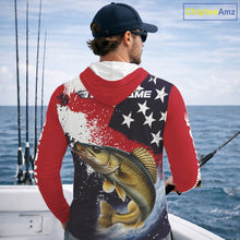 Load image into Gallery viewer, Personalized Walleye Fishing Jerseys, Custom American Flag Walleye Hooded Fishing Shirts Long Sleeve NHT488