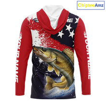 Load image into Gallery viewer, Personalized Walleye Fishing Jerseys, Custom American Flag Walleye Hooded Fishing Shirts Long Sleeve NHT488
